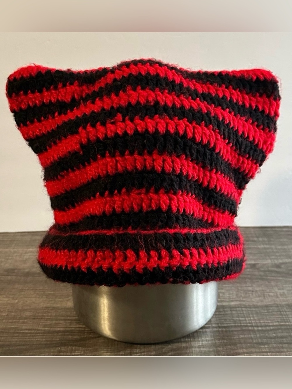 Red And Black Unisex Striped Knitted Beanie Handmade Knitwear Emo Artsy Punk